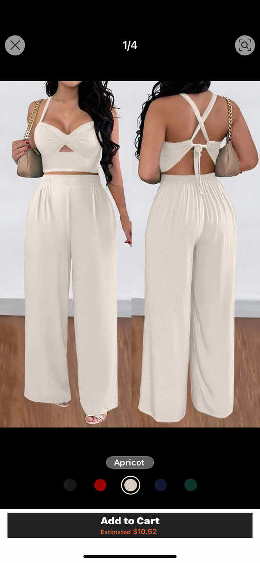 Silhoulove 2pcs Sexy Vacation Twist Back Tie Strap Loose Wide Leg Pants Set