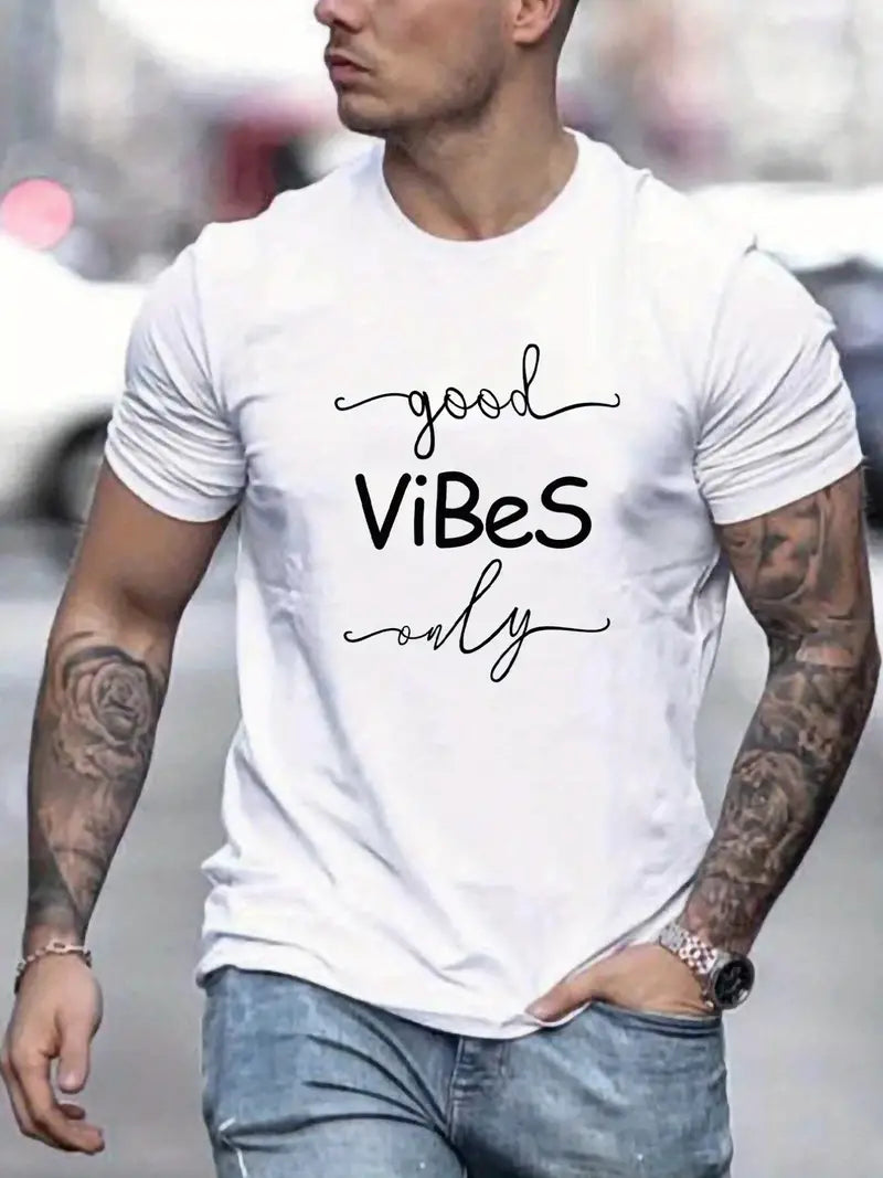 "good Vibes Only" Pattern, Men's Casual Slightly Stretch Crew Neck Graphic Tee, Male Clothes For Summer