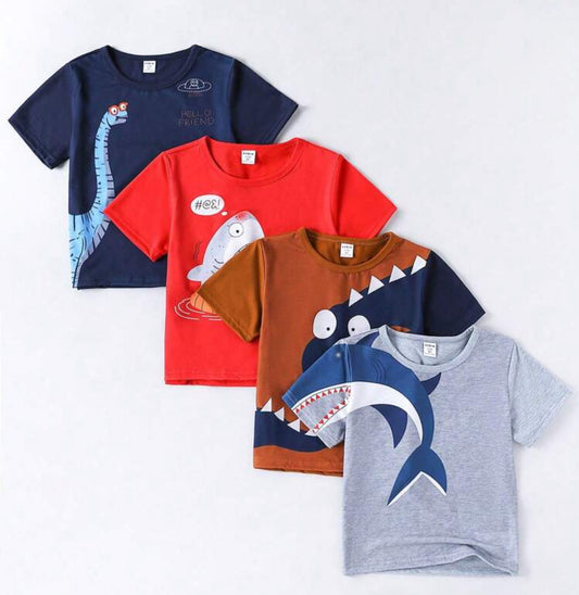 SHEIN 4pcs/Set Young Boy Cute & Fun Cartoon Animal Print Basic Crew Neck Short Sleeve T-Shirts, Soft Fabric Suitable For School, Street, Outdoor, Spring/Summer