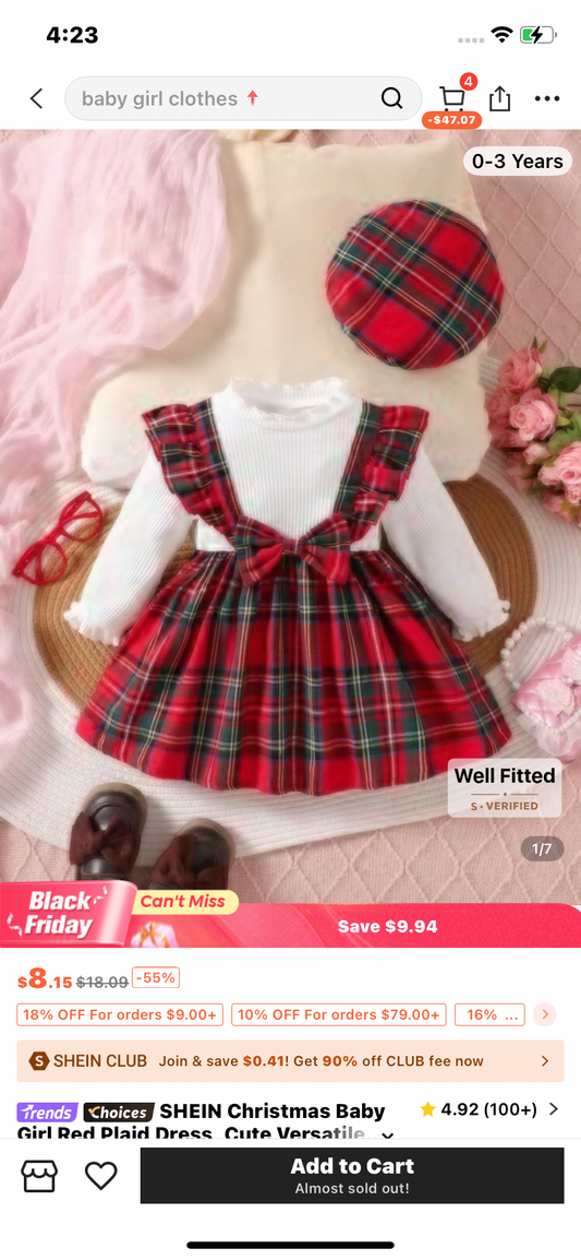SHEIN Christmas Baby Girl Red Plaid Dress, Cute Versatile Holiday Celebration Outfit
