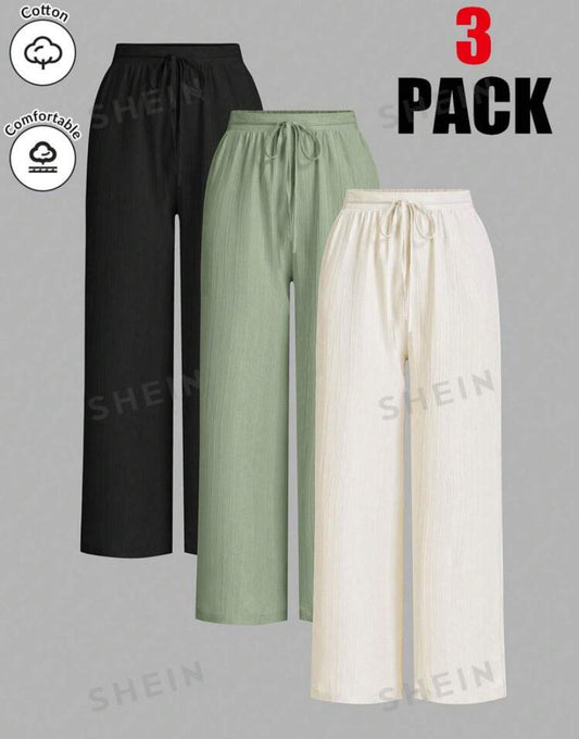 SHEIN Essnce Shein Essnce Women's 3 Piece Solid Color Basic Textured Stretch Waist Tie Bow Pleated Wide Leg Pant Set