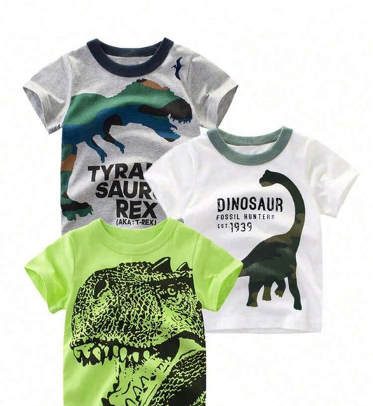 3pcs Young Boys' Casual, Comfortable, Breathable Dinosaur Tyrannosaurus Rex & Letter Printed Short Sleeve Round Neck T-Shirt Set
