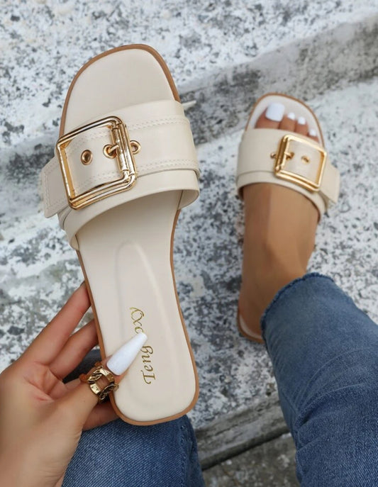 Women Buckle Decor Stitch Detail Slide Sandals, Elegant Beige Outdoor Flat Sandals