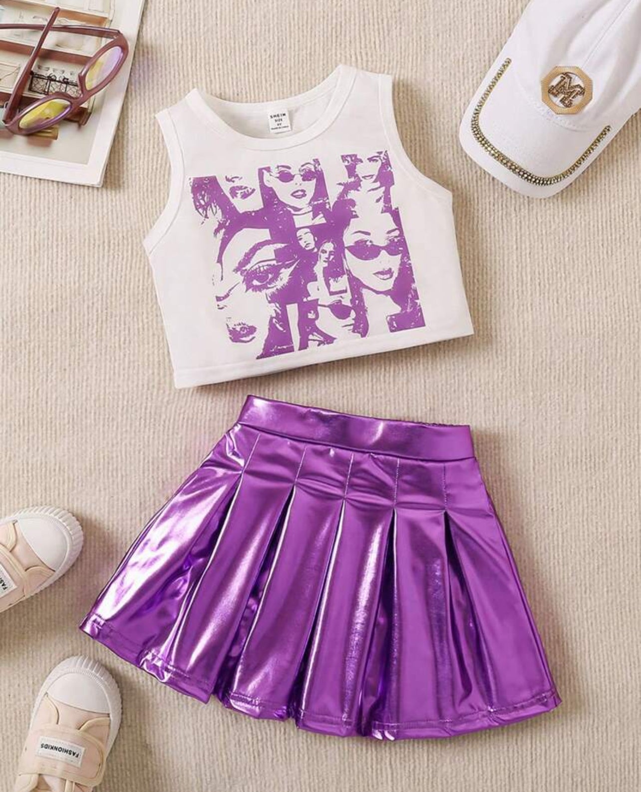 Young Girl Portrait Print Tank Top And Pleated Skirt