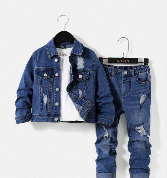 SHEIN Young Boy 2pcs Casual Loose Fit Long Sleeve Denim Jacket And Jeans Set