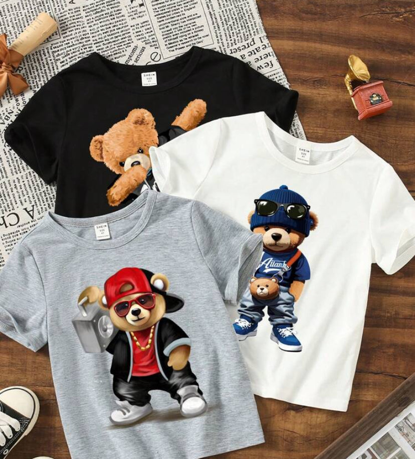 SHEIN Bear, Cute Bear, Cool Bear, Set Of 3 T-Shirts, Young Boy Casual Minimalist Crewneck Short Sleeve T-Shirt[Suitable For Summer]