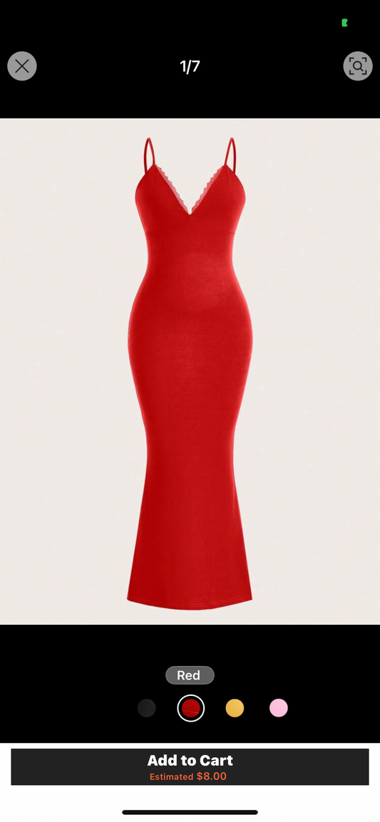 Slaydiva Sexy & Elegant V-Neck Lace Trimmed Women's Long Dress, Rose Red, Size H
