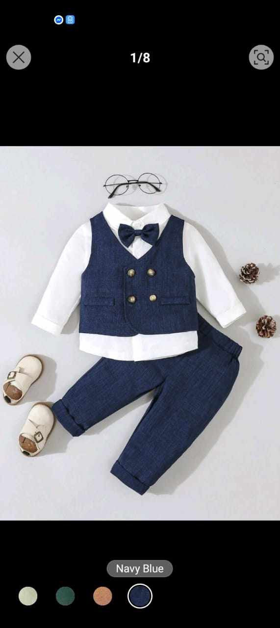 SHEIN Baby Boys' Gentleman Suit Three-Piece Set, Includes Bowtie Dress Shirt, Double Breasted Vest And Pants, Suitable For Birthday, Wedding, Christening And 1st Birthday Party