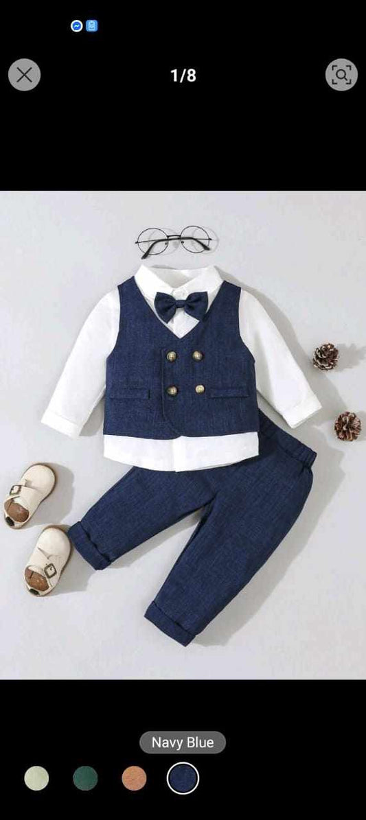 SHEIN Baby Boys' Gentleman Suit Three-Piece Set, Includes Bowtie Dress Shirt, Double Breasted Vest And Pants, Suitable For Birthday, Wedding, Christening And 1st Birthday Party