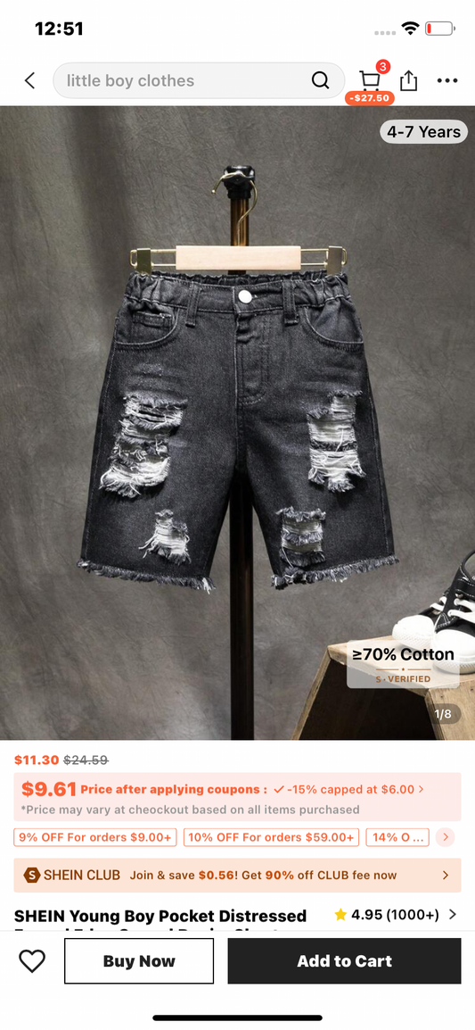 SHEIN Young Boy Pocket Distressed Frayed Edge Casual Denim Shorts, School, Campus, College
