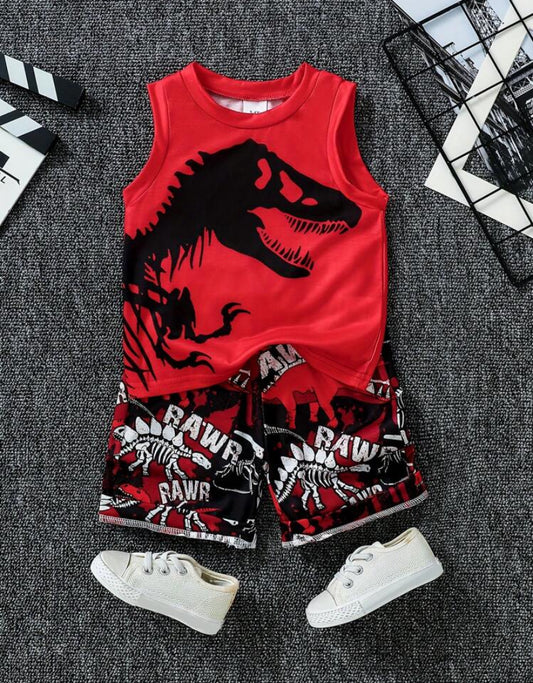 2pcs Young Boy Dinosaur Printed Sleeveless Vest Top And Shorts Set, Age 3-7, Summer