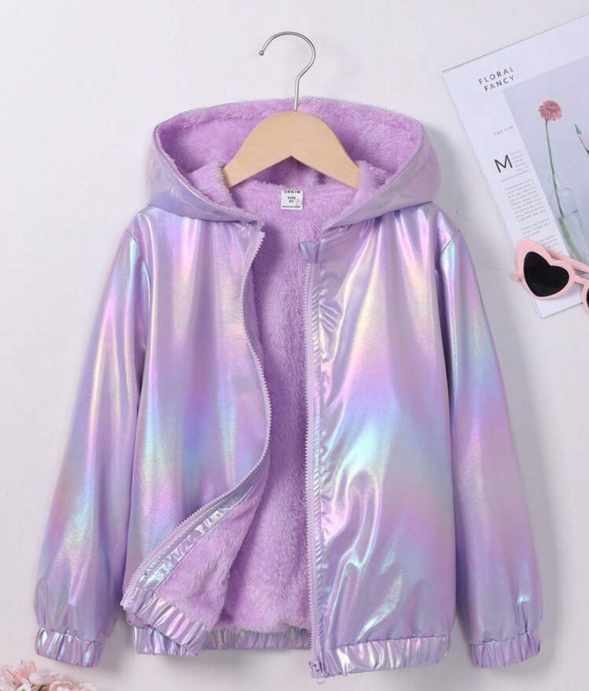 SHEIN Tween Girl Holographic Teddy Lined Hooded Metallic Jacket