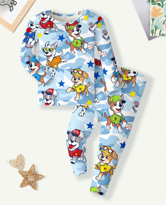 Baby Boy Casual Cartoon Animal Print Fleece Lining Snug Fit Long Sleeve Top And Trousers Loungewear Set, Suitable For Autumn & Winter
