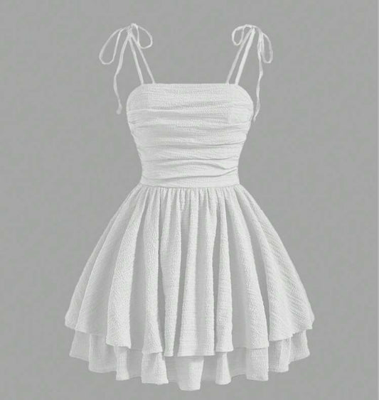 SHEIN MOD Solid Ruched Bust Tie Shoulder Double Hem White Cami Dress,White Graduation Dress