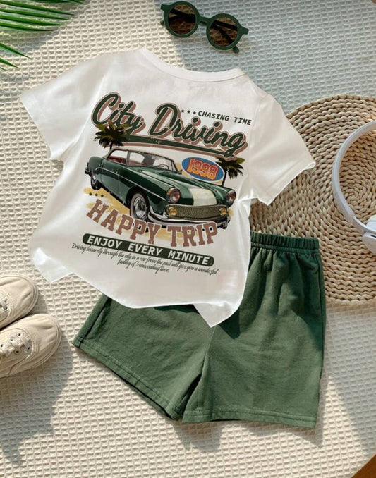 2pcs/Set Casual Cartoon Graphic Short Sleeve Top And Shorts Set For Young Boys, Suitable For Summer