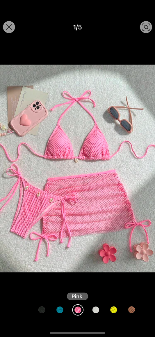 SHEIN Swim Vcay 3pcs/Set Women Solid Color Halter Neck Tie Back Bikini Top, Swimsuit Bottom And Skirt Swimsuit Set Summer