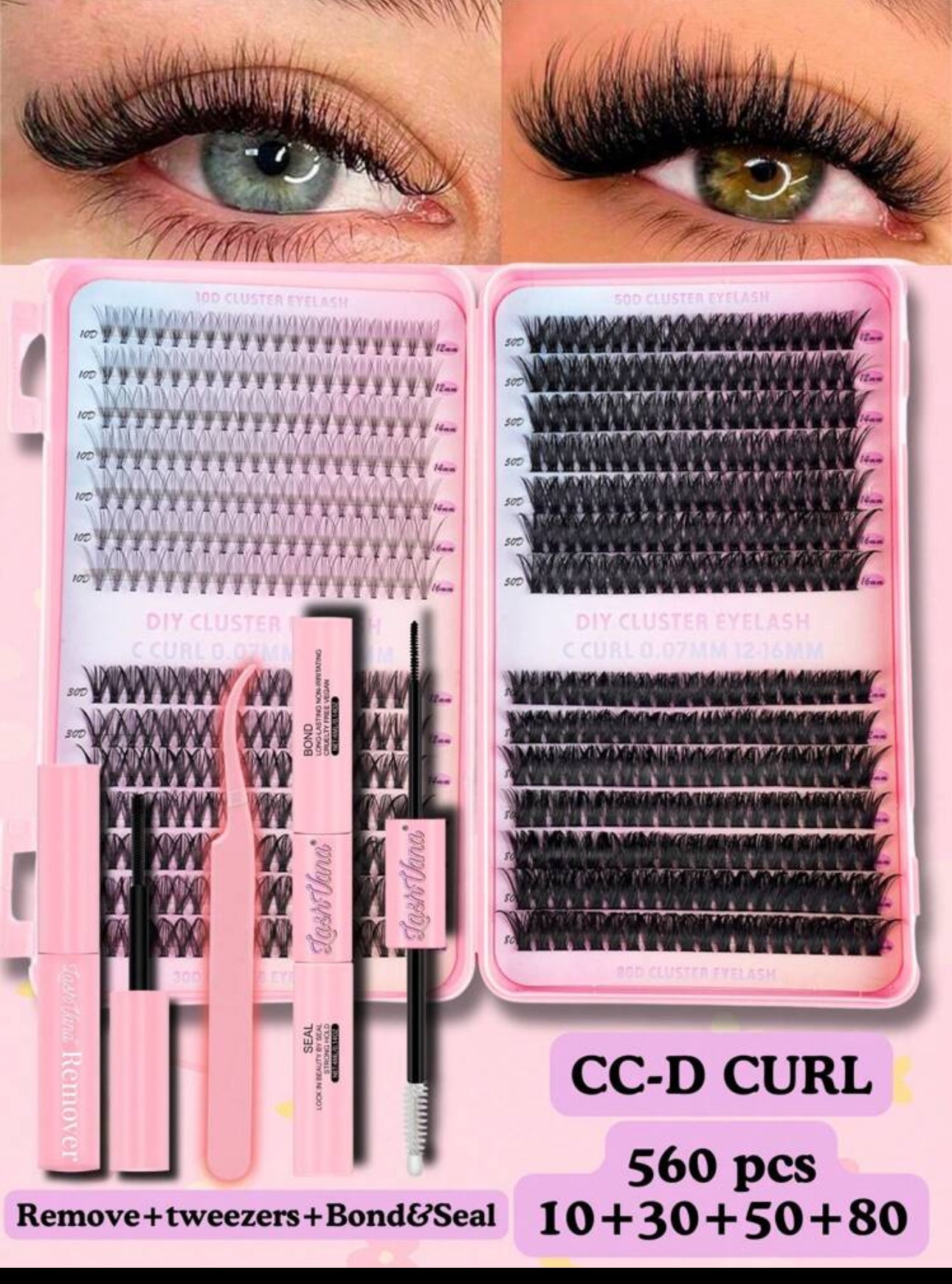 560PCS Dramatic CC-D-Curl 8-16MM Mix DIY Lash Extension Kit Set DIY Bottom Lashes Eyelashes Book Big Volume Soft Individual Cluster Lashes Create A Fluffy Natural Wispy Y2k Butterfly Elements Pink Base Card Look At Home Long Lasting DIY Lashes Glue ,DIY G