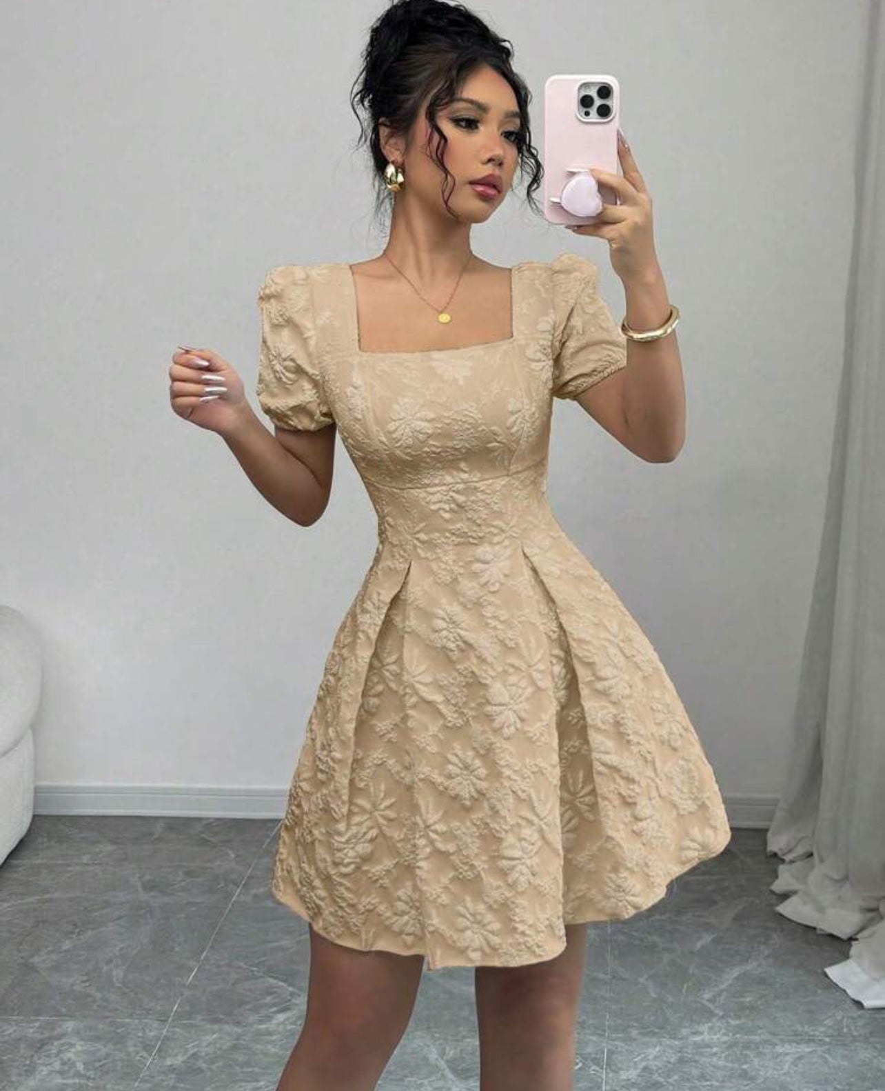 Rafferiza Women's Elegant Jacquard Puff Sleeve Square Neck Dress