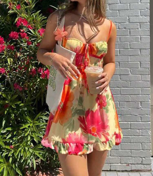 SHEIN VCAY Women's Casual Floral Print Spaghetti Strap Mini Dress, Suitable For Vacation