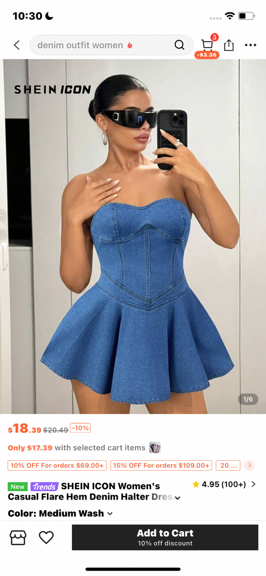 SHEIN ICON Women's Casual Flare Hem Denim Halter Dress, Summer Street Fashion