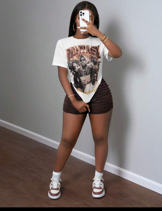 Slaydiva 2025 New Spring/Summer Casual Street Round Neck Short-Sleeved Print Pattern Loose Women's T-Shirt+Textured Fabric Mini Shorts,Easter, Music Festivals, Daily Outings, Parties, Casual Street-A
