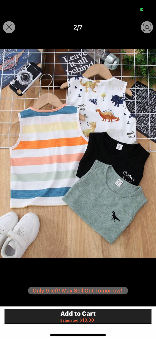 4pcs/Set Young Boy Casual Solid & Printed Round Neck Sleeveless Loose Knit Tank Tops, 4 Different Designs, Suitable For School, Garden, Beach, Birthday, Spring, Summer, Autumn, Winter