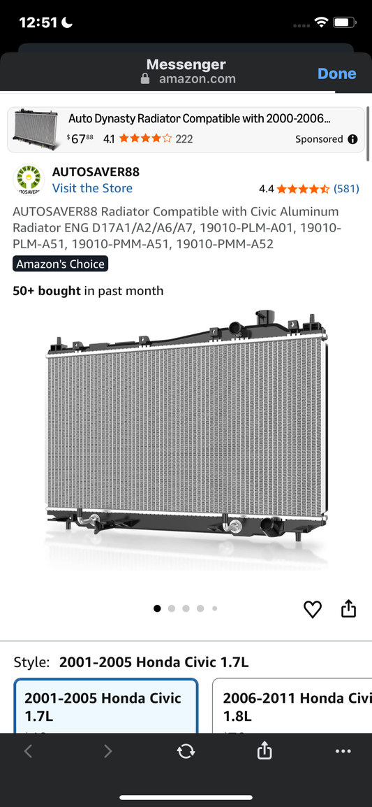AUTOSAVER88 Radiator Compatible with Civic Aluminum Radiator ENG D17‎A1/A2/A6/A7, 19010-PLM-A01, 19010-PLM-A51, 19010-PMM-A51, 19010-PMM-A52