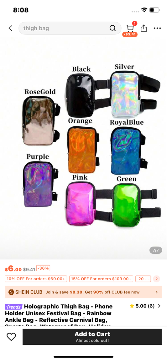 Holographic Thigh Bag - Phone Holder Unisex Festival Bag - Rainbow Ankle Bag - Reflective Carnival Bag, Sports Bag, Waterproof Bag, Holiday Beach Travel Phone Case, Waterproof Phone Case, Phone Bag, Summer Swimming Bag, Swimming Holiday Beach, Adjustable