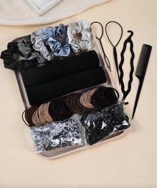 1109 Pcs Girls Hair Accessories Set, Basic Nylon Ponytail Holders Hair Ties, Black Brown Satin Hair Scrunchies, Neutral Color Elastic Rubber Bands Headbands, Braid Maker Of Hair Styling Tools Set Headwear Hair Accessories For Daily Use