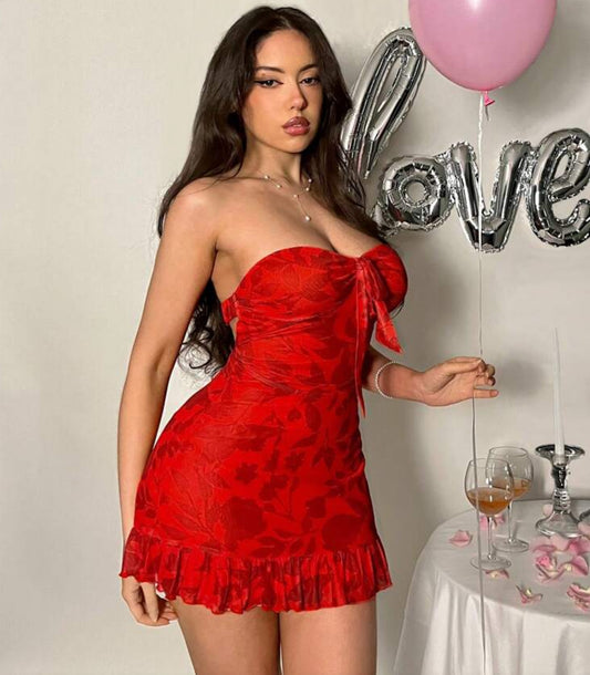 Firerie Women's Red Floral Pleated Strapless Backless Mini Dress, Valentine's Day/Concert/Performance Costume