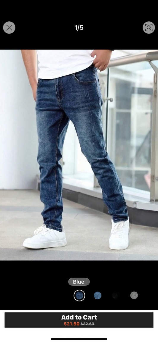 Men's Classic Dark Blue Elastic Denim Jeans