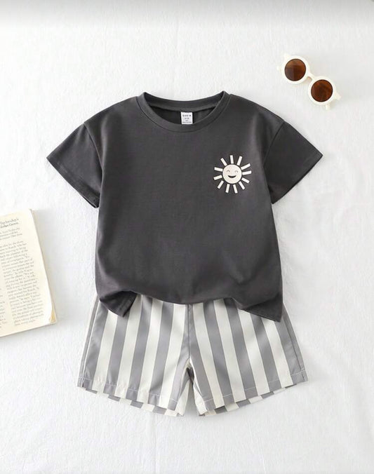 Playful Pals 2pcs Toddler Boys' Casual Loose Graphic Print Round Neck T-Shirt And Striped Print Shorts Set, Comfortable And Versatile For Spring/Summer Outdoor Play And Daily Wear Summer Holiday