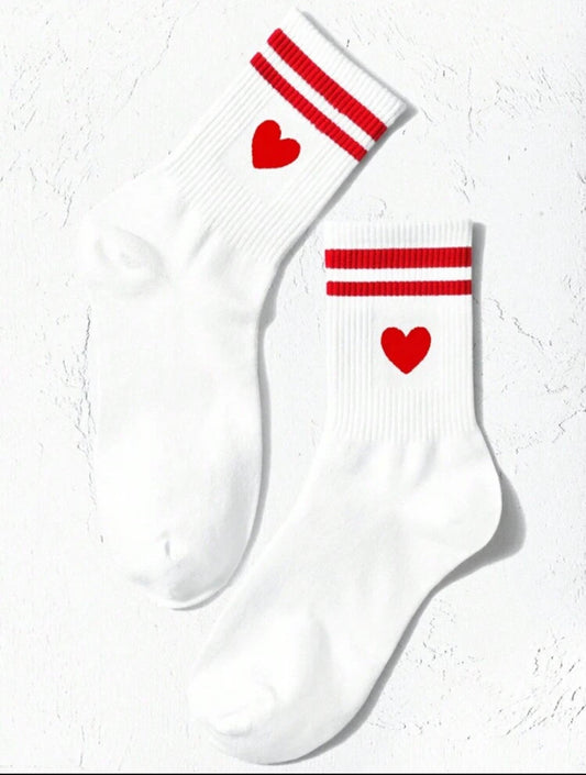 2pairs Women'S Heart & Double Stripe Sports Mid-Calf Socks, Great For Valentine'S Day Wear