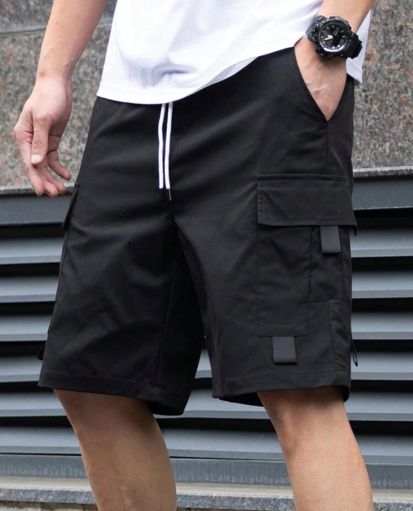 Manfinity EMRG Men's Solid Color Cargo Shorts With Pockets And Drawstring, Casual Fit Casual Style Going Out Fashion Plain Baggy Drawstring Cargo Shorts, For Husband, Boyfriend Gifts