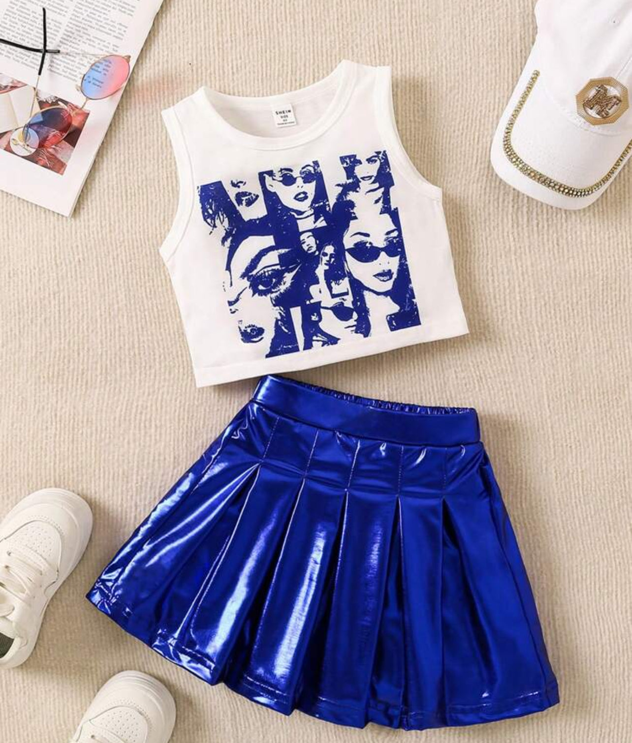 Young Girl Portrait Print Tank Top And Pleated Skirt