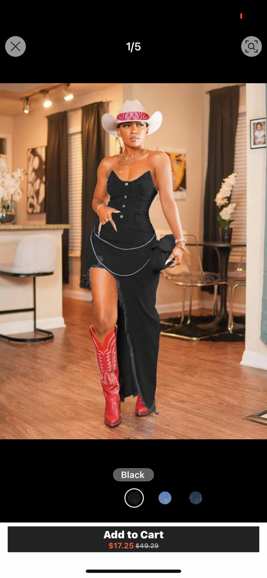 BamGleam Long Denim Camisole Dress, New Summer Design With Slit, Elastic Fitted Slimming Stylish Dress