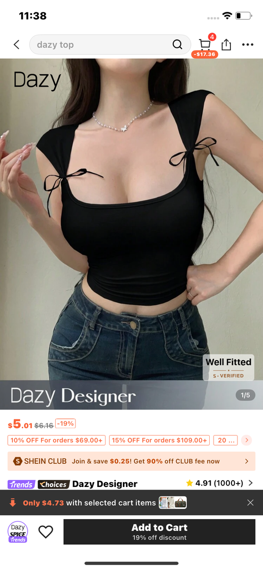 Dazy Designer Women's Summer Slim Fit T-Shirt With Bow Decoration On Square Neckline For A Modern Look