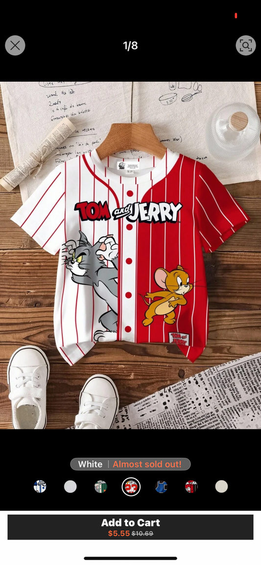 TOM & JERRY X SHEIN Young Boy Summer Casual Sports Cartoon And Letter Print Two Tone Striped T-Shirt