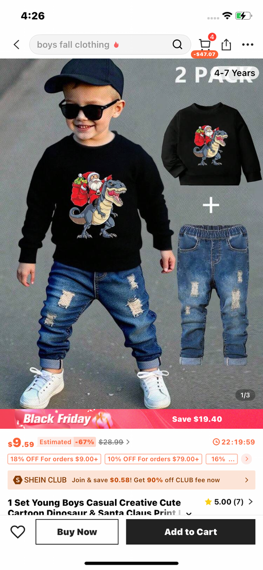 1 Set Young Boys Casual Creative Cute Cartoon Dinosaur & Santa Claus Print Long Sleeve Sweatshirt And Fashionable Denim Jeans Outfit, Autumn/Winter, Christmas Outfit