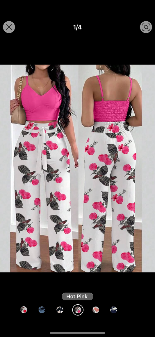 INAWLY 2pcs/Set Women Cami Top With Elastic Waist Tie Floral Palazzo Pants