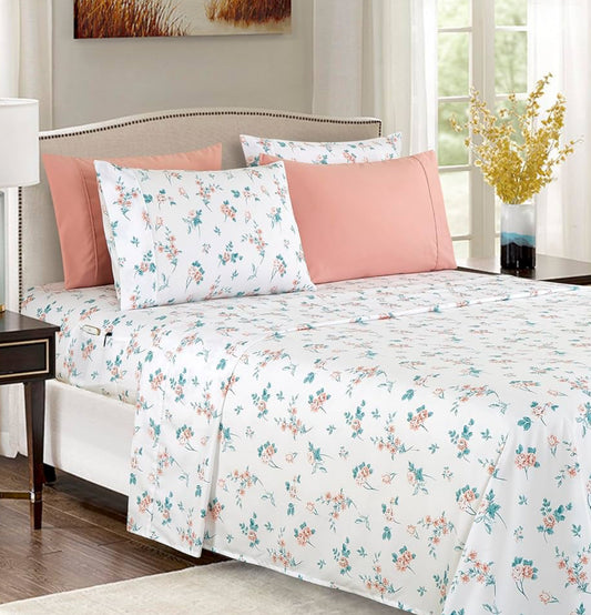 Elegant Comfort Softest and Coziest 6-Piece Sheet Set - 1500 Premium Hotel Quality Microfiber - Deep Pocket, Wrinkle Resistant 6-Piece Floral Bed Sheet Set, Full, Celia Pink