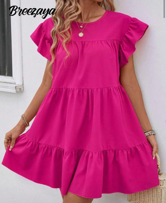 Breezaya Women Summer Solid Color Round Neck Loose Babydoll Dress With Ruffle Trim Vacation Beach Outfit