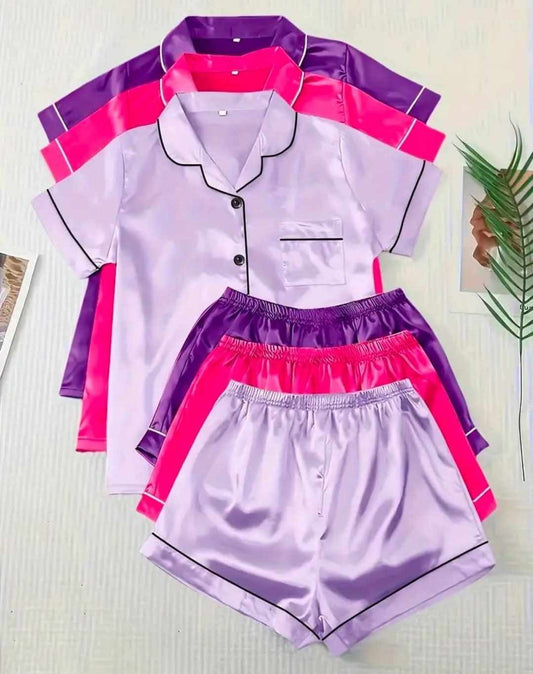 Casual Fashion Comfortable Three-Pack Three Colors Plain Color Satin Color Ding Short Sleeve Shirt & Elastic Shorts Pajama Set