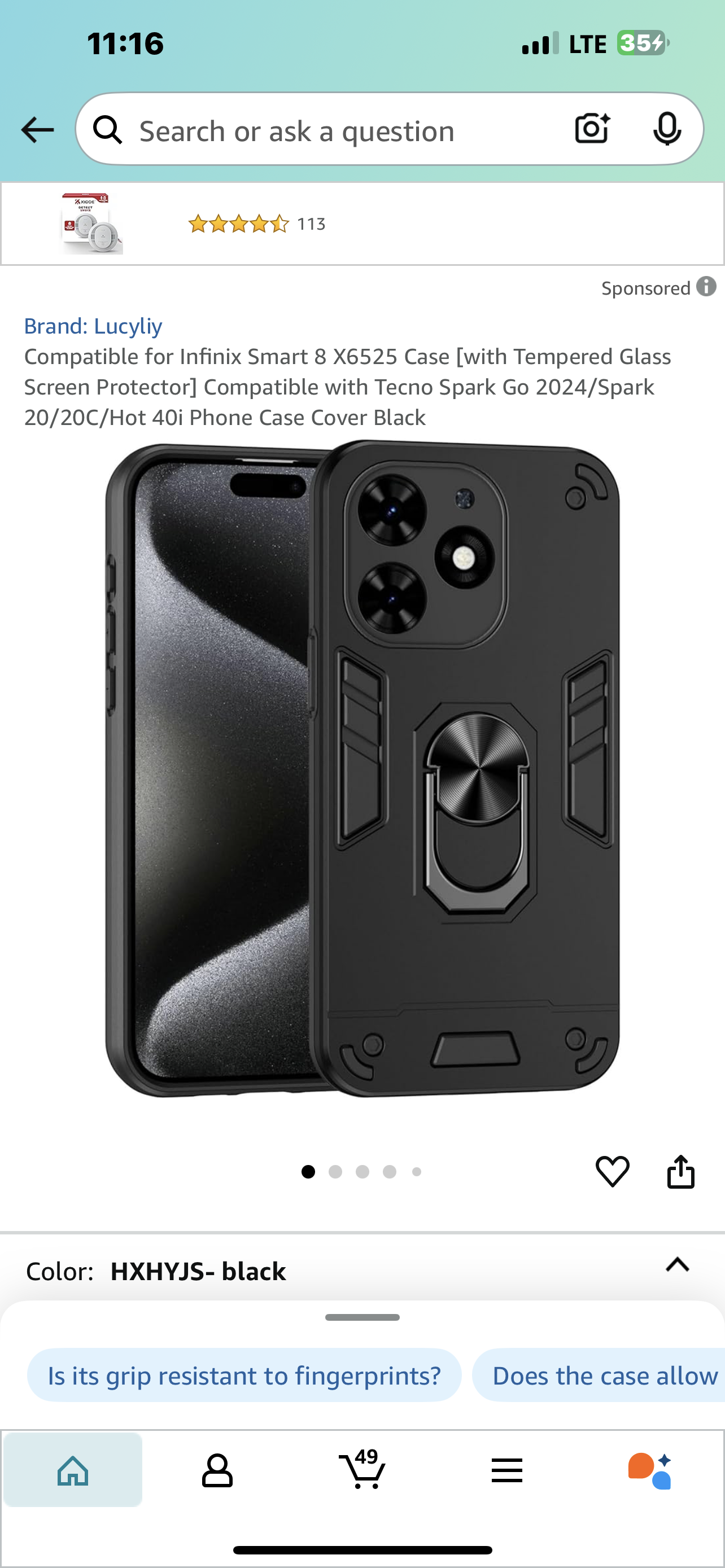 Compatible for Infinix Smart 8 X6525 Case [with Tempered Glass Screen Protector] Compatible with Tecno Spark Go 2024/Spark 20/20C/Hot 40i Phone Case Cover Black