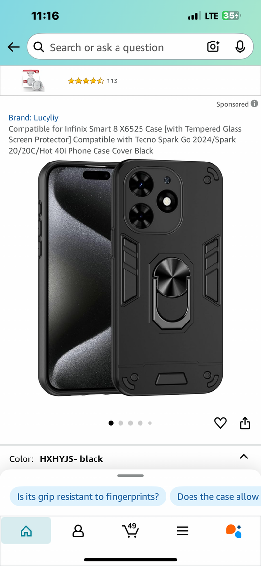 Compatible for Infinix Smart 8 X6525 Case [with Tempered Glass Screen Protector] Compatible with Tecno Spark Go 2024/Spark 20/20C/Hot 40i Phone Case Cover Black