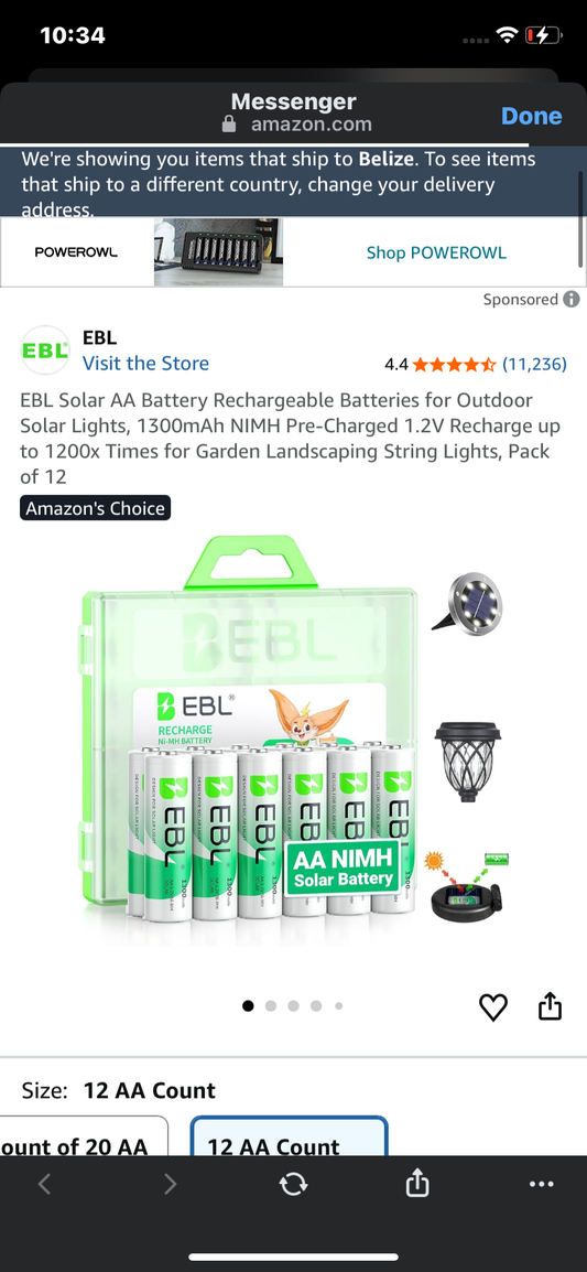 EBL Solar AA Battery Rechargeable Batteries for Outdoor Solar Lights, 1300mAh NIMH Pre-Charged 1.2V Recharge up to 1200x Times for Garden Landscaping String Lights, Pack of 12
