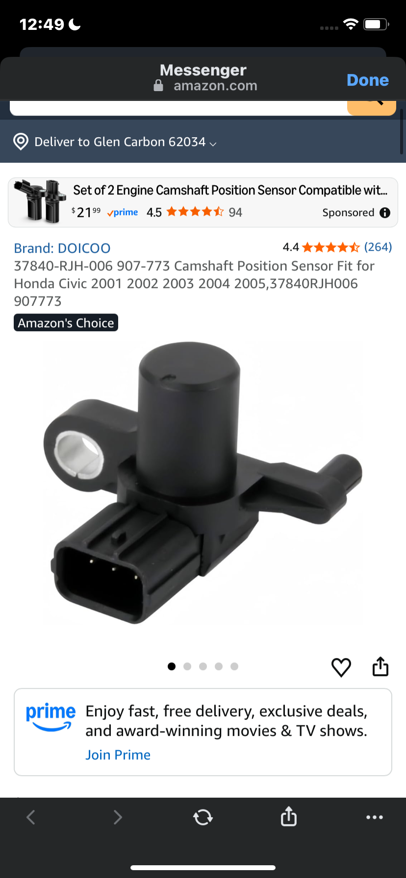 Brand: DOICOO
4.4
4.4 out of 5 stars
(264)
37840-RJH-006 907-773 Camshaft Position Sensor Fit for Honda Civic 2001 2002 2003 2004 2005,37840RJH006