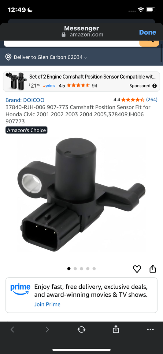 Brand: DOICOO
4.4
4.4 out of 5 stars
(264)
37840-RJH-006 907-773 Camshaft Position Sensor Fit for Honda Civic 2001 2002 2003 2004 2005,37840RJH006