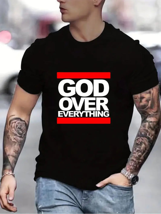 "God Over Everything" Graphic Print Men's Creative Top, Casual Slightly Stretch Short Sleeve Crew Neck T-shirt, Men's Tee For Summer Outdoor