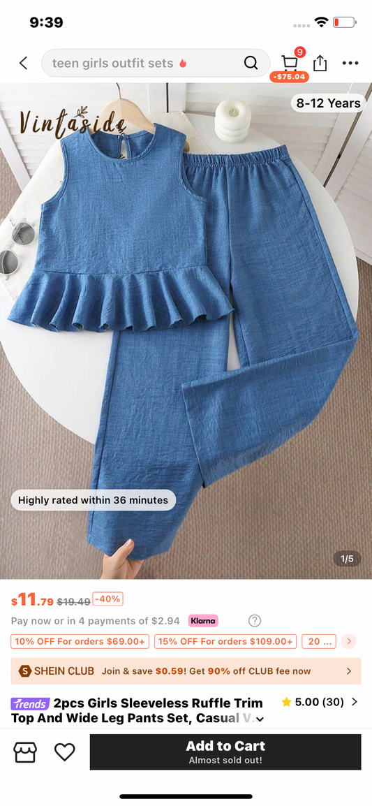 2pcs Girls Sleeveless Ruffle Trim Top And Wide Leg Pants Set, Casual Vacation Daily Outfit